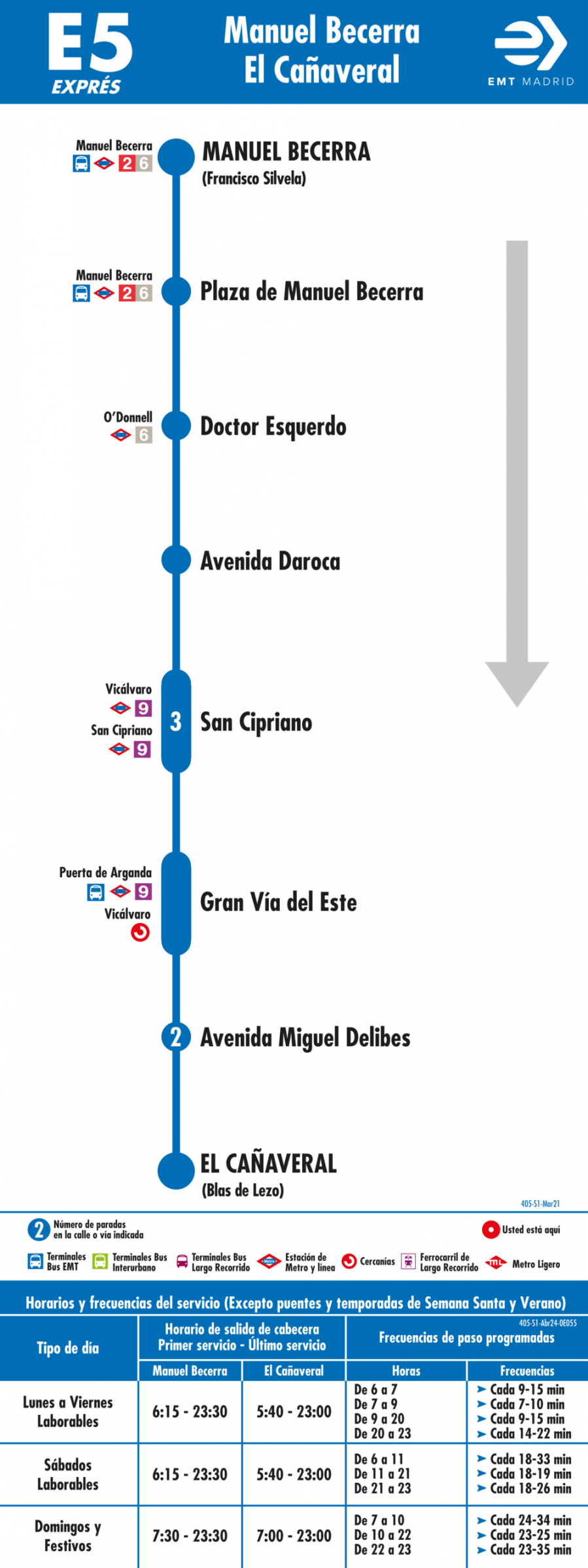 Horarios de autobús E5: Plaza de Manuel Becerra - El Cañaveral