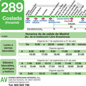 Horario de ida Línea 289 Autobuses Interurbanos