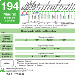 Horario de vuelta Línea 194 Autobuses Interurbanos