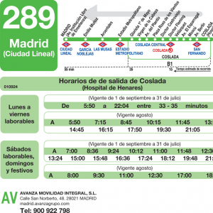 Horario de vuelta Línea 289 Autobuses Interurbanos