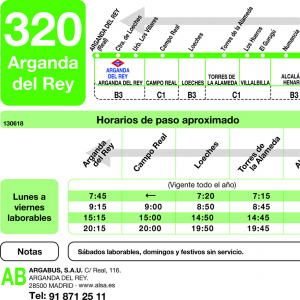 Horario de vuelta Línea 320 Autobuses Interurbanos