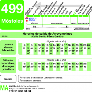 Horario de vuelta Línea 499 Autobuses Interurbanos