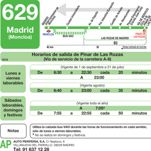 Horario de vuelta Línea 629 Autobuses Interurbanos