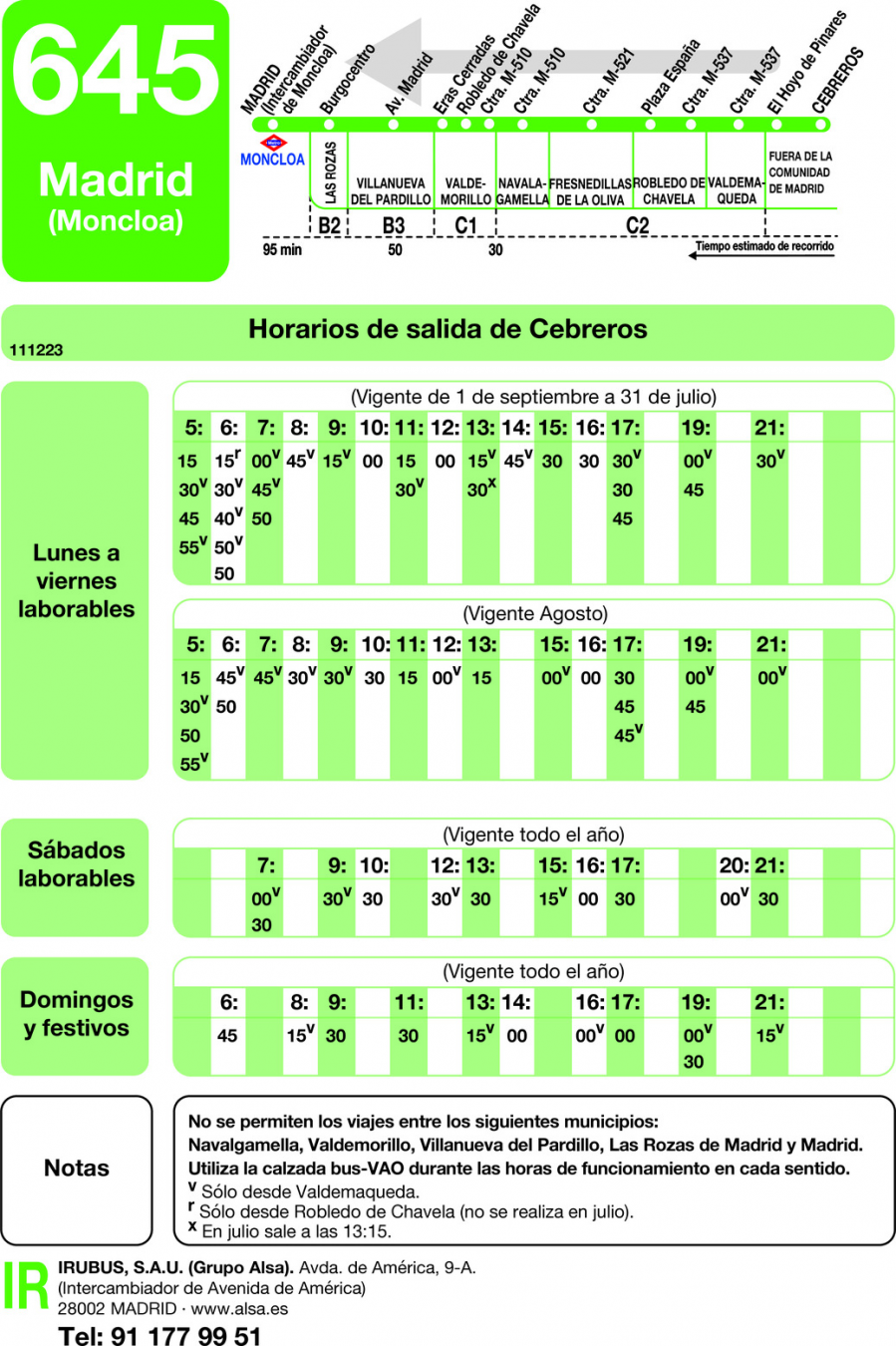 Horario de vuelta