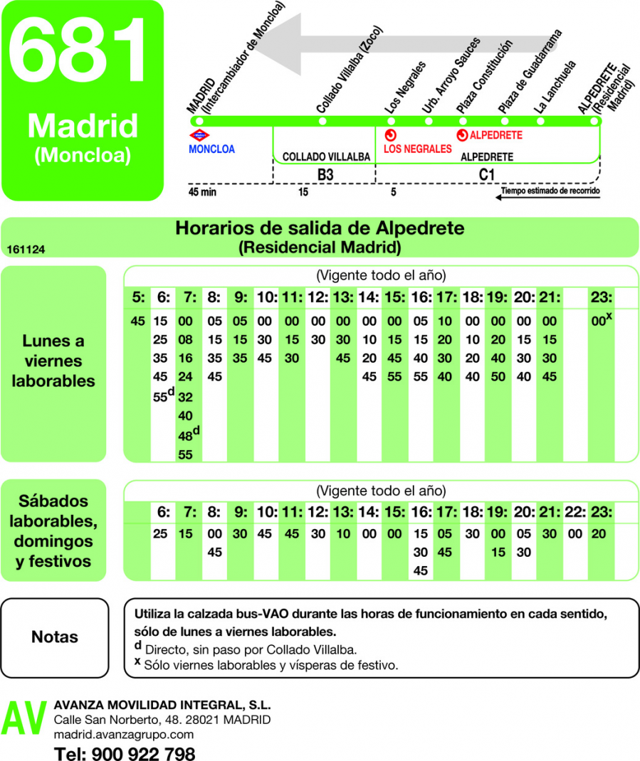 Horario de vuelta