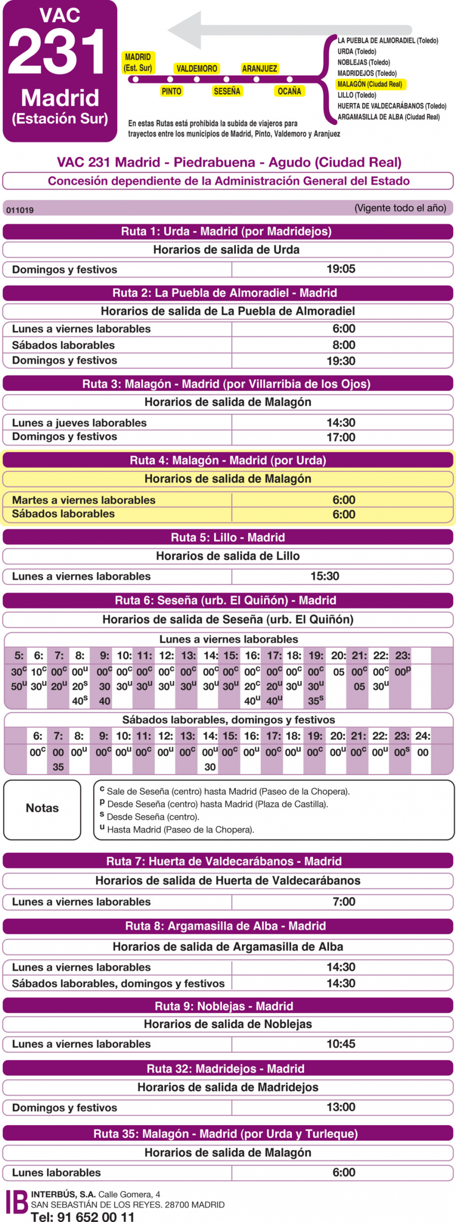 Horario de vuelta