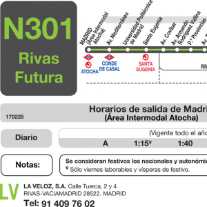 Horario de ida Línea N-301 Autobuses Nocturnos