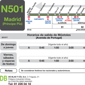 Horario de vuelta Línea N-501 Autobuses Nocturnos