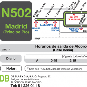 Horario de vuelta Línea N-502 Autobuses Nocturnos