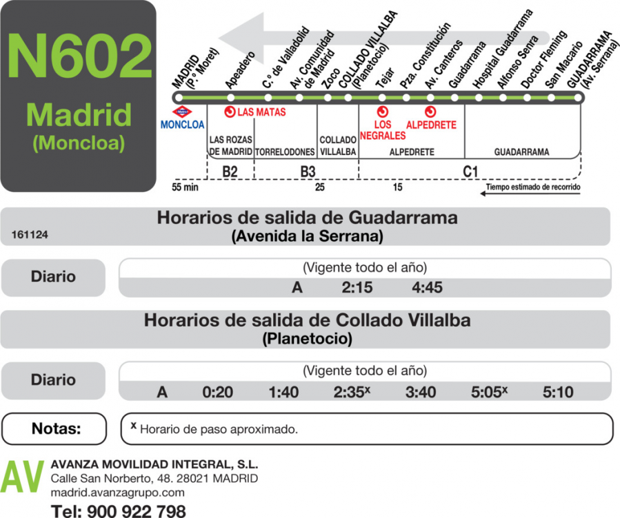 Horario de vuelta