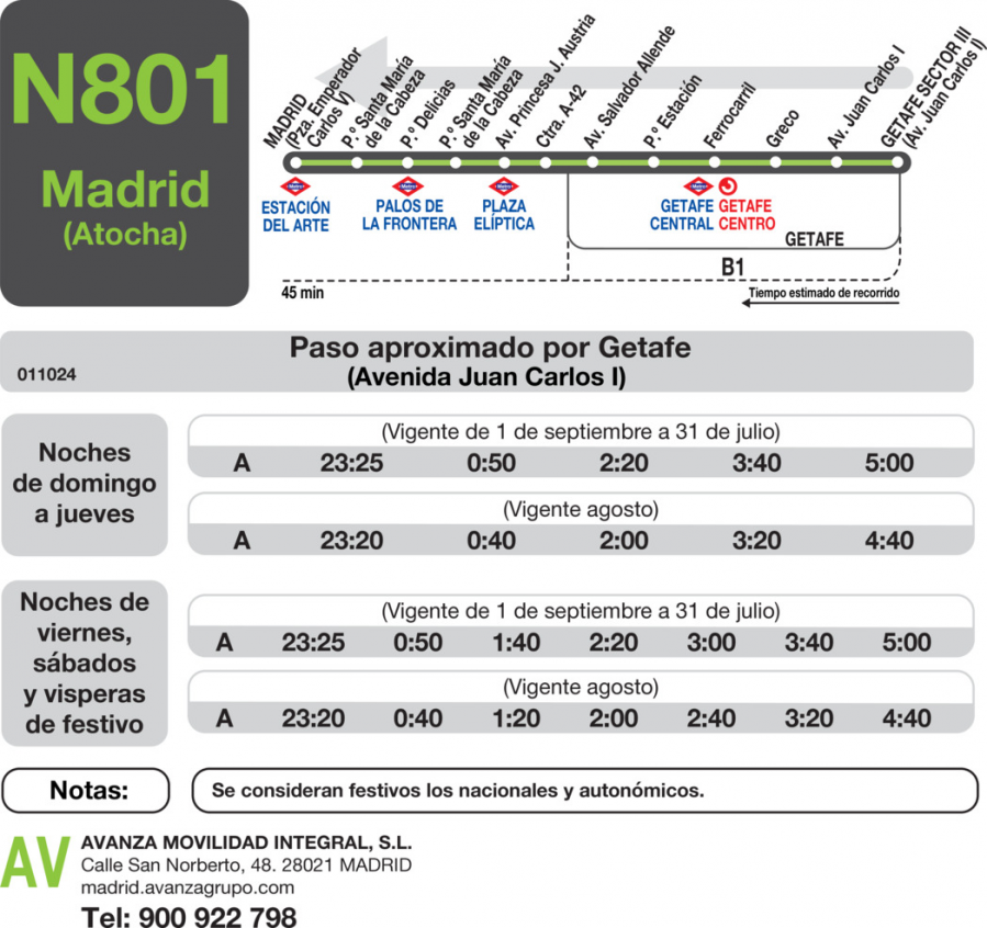 Horario de vuelta